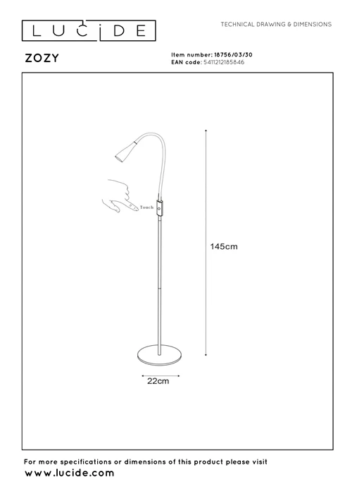 Lucide ZOZY - Lampadaire / lampe de lecture - LED 3 StepDim - 1x4W 3000K - Noir - technique
